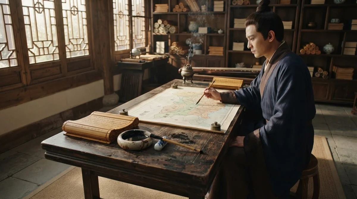 前漢時代の書斎の机に置かれた竹簡と北方の地図