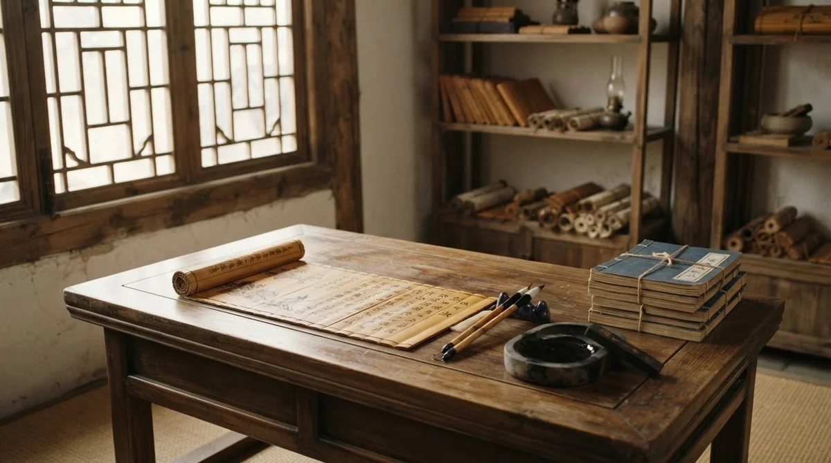 春秋時代の歴史資料や竹簡、書物を示す静物写真