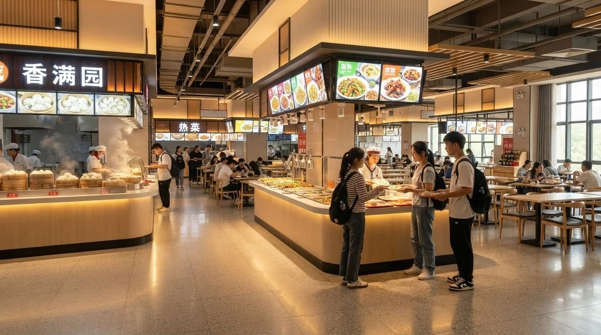 広大なフードコート形式の中国の大学食堂と立ち並ぶ料理カウンター