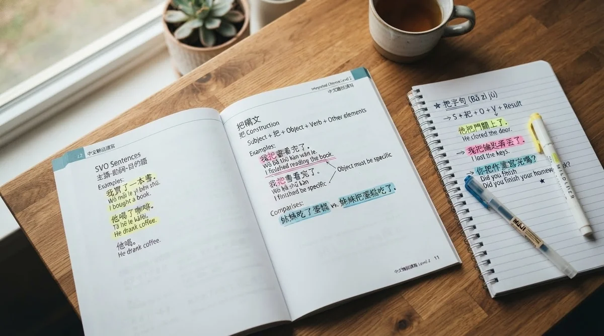 中国語の文法ノートとテキスト。把構文の基本語順とSVO文の違いが整理されている。