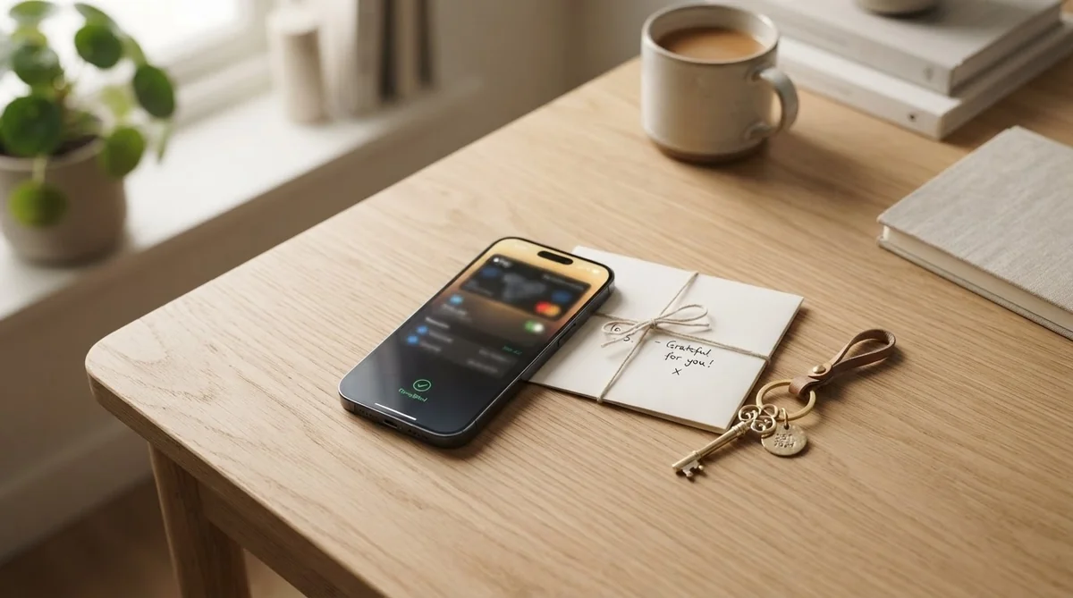 スマートフォンとシンプルな持ち物が並ぶデスク