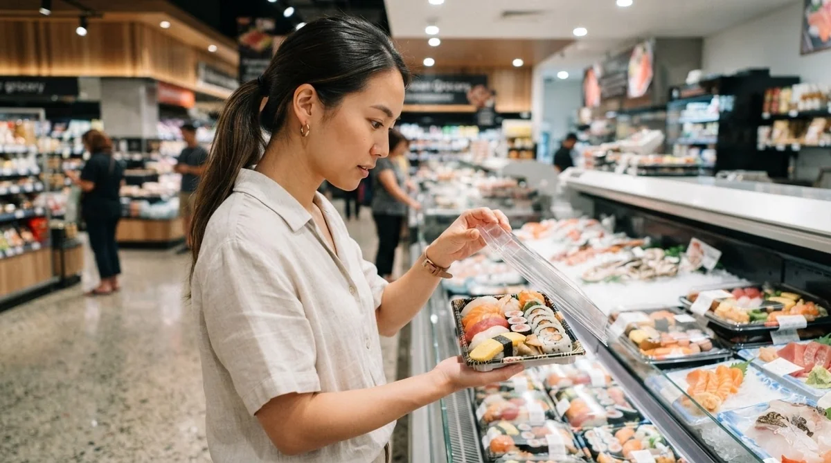 清潔な中国のスーパーマーケットで販売されているパック寿司や食材を確認する様子