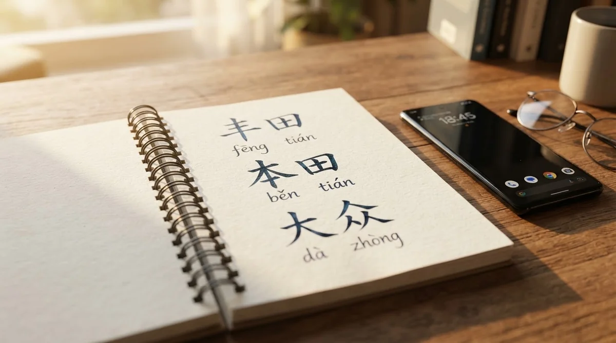 ノートに書かれた中国語の自動車メーカー名とピンイン