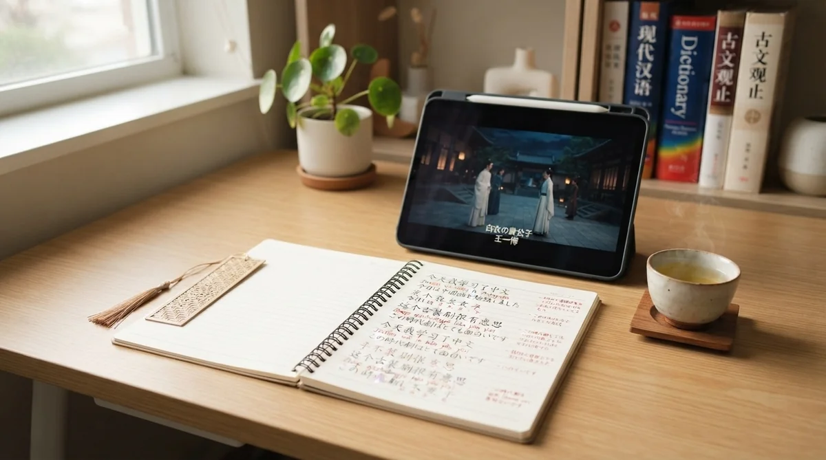 中国語のノートと中国時代劇が表示されたタブレットがある勉強机