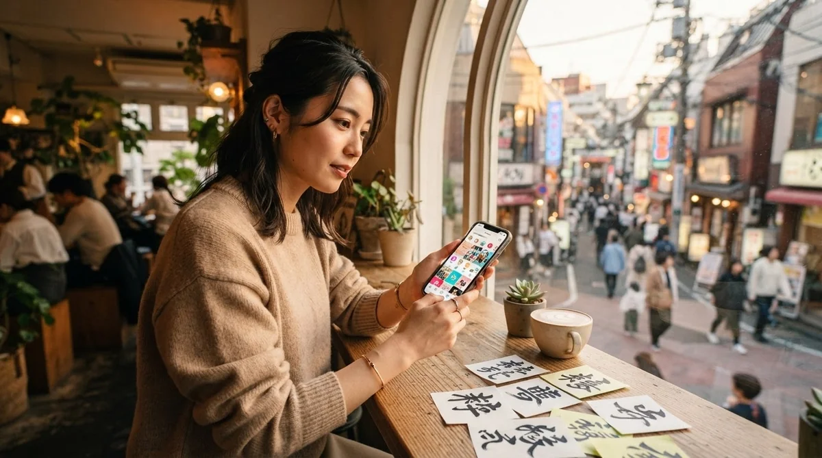 大都市の明るくモダンなカフェで、若者の友人同士がスマートフォンを覗き込みながら楽しそうに生き生きと会話をしている様子