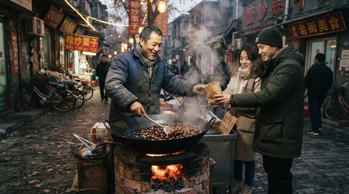 中国現地の活気ある甘栗屋台で購入する風景