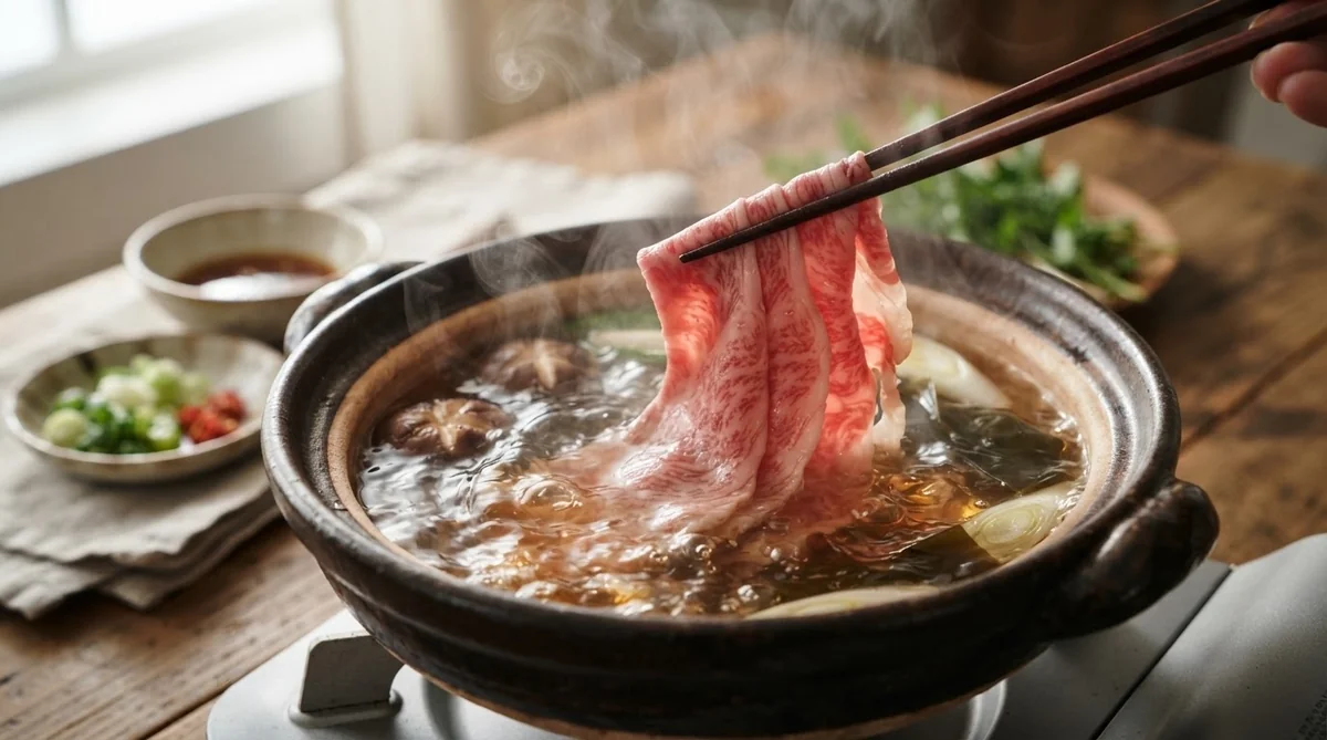 熱いスープに生のお肉や野菜を投入する手元のアクション
