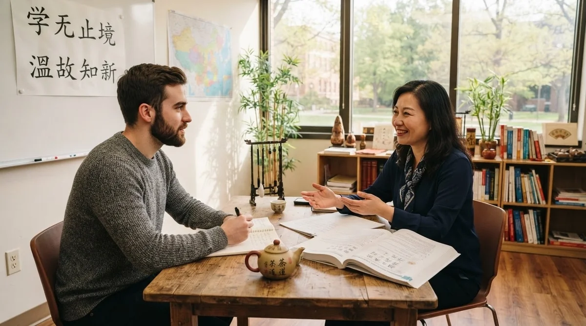 明るい語学教室で講師と生徒がホワイトボードの漢字を見ながら会話している様子