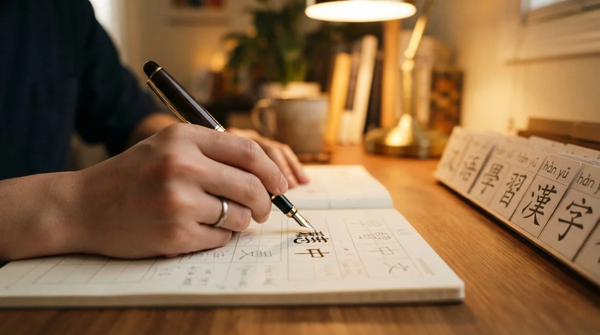 ノートに万年筆で漢字を丁寧に書き分ける手元のアップ