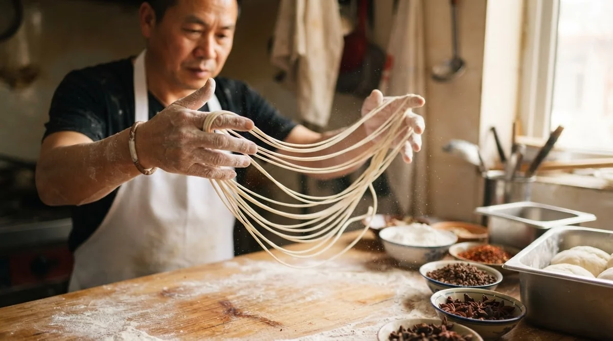 伝統的な手延べ麺(拉面)の作製風景