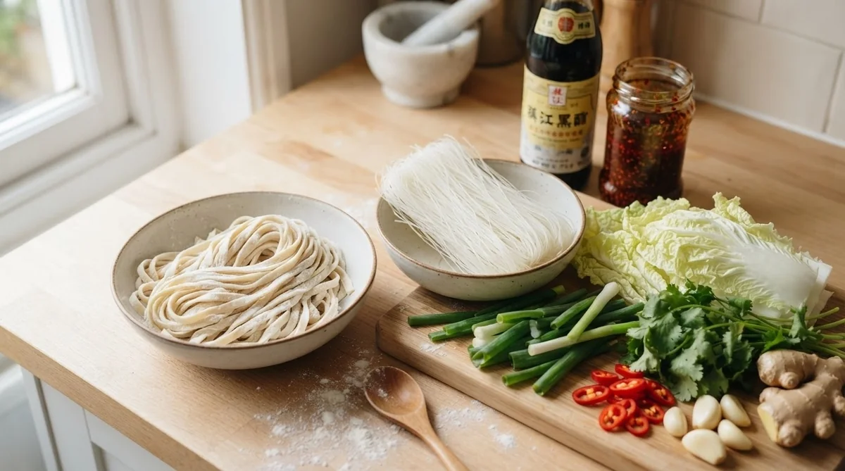 伝統的な厨房で職人が小麦粉の生地を細長く引き延ばして麺を作っている様子