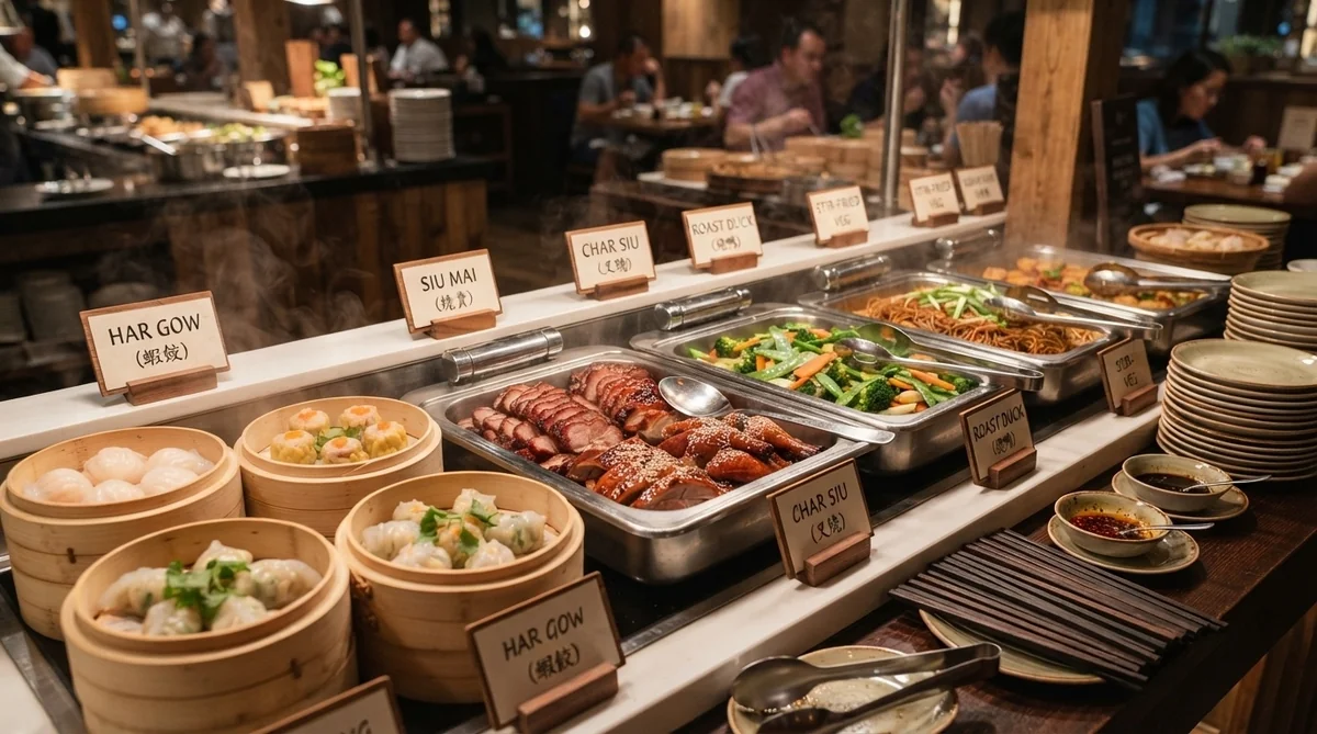 中国の清潔なビュッフェカウンターに綺麗に並べられた点心や料理