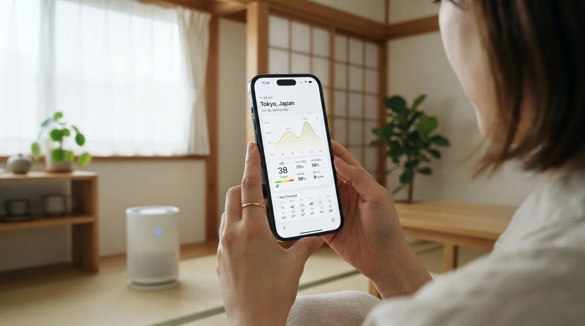 スマートフォンで空気質指数（AQI）のリアルタイムデータとグラフを確認している手元の様子