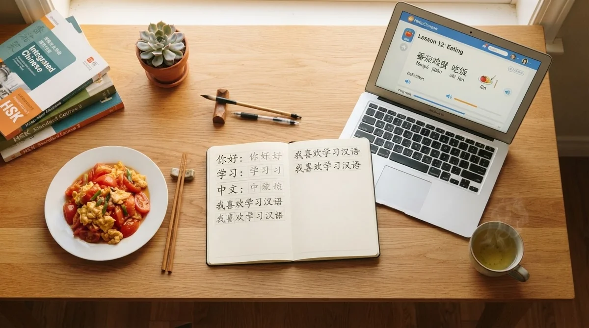 中国語のノートと料理の皿が置かれた清潔な勉強机