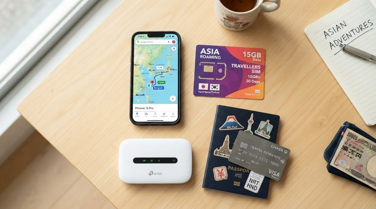 アジア旅行向けに用意されたスマートフォン、SIMカード、Wi-Fiルーター、パスポートなどの通信準備アイテム