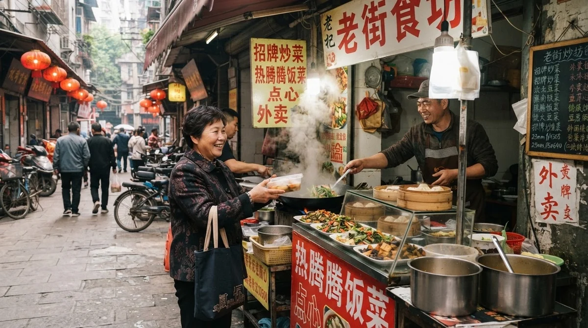 中国のローカル食堂で持ち帰り料理を受け取る利用者の風景