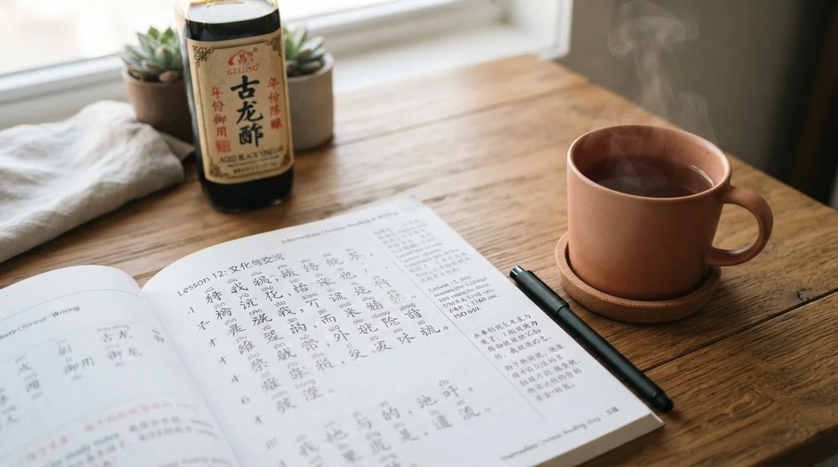 中国語の語源学習イメージ。手書きのノートと中国酢の瓶