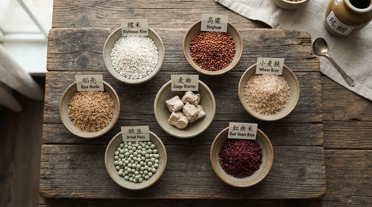 中国酢の製造に使われる様々な原穀物や発酵原料が並んだ様子