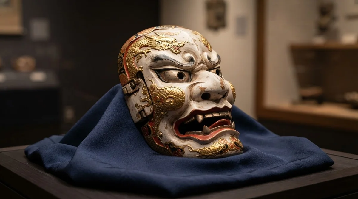 伝統的な舞楽「陵王」の面。金色に輝く龍の造形と迫力ある表情が施されている