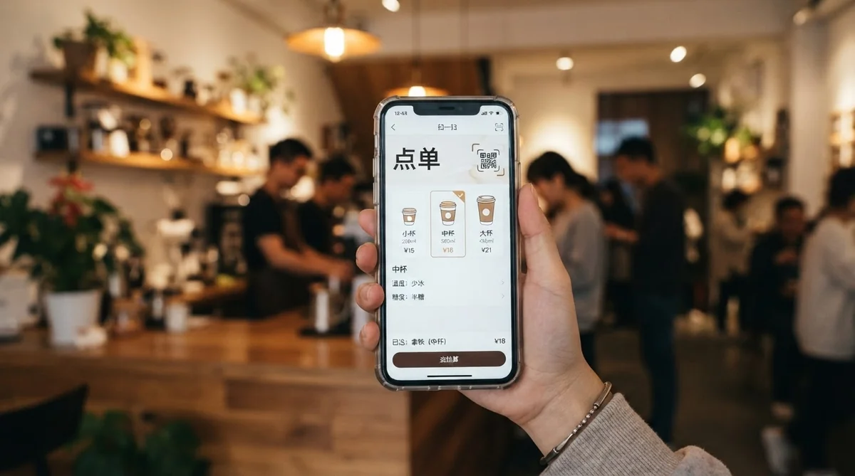 スマートフォンを持つ手が、中国のカフェ注文アプリ画面を表示している。画面には簡体字で『点单』『中杯』『少冰』『半糖』と大きくて読みやすい中国語テキストが表示されている。背景は温かい照明のぼかされたカフェインテリア。