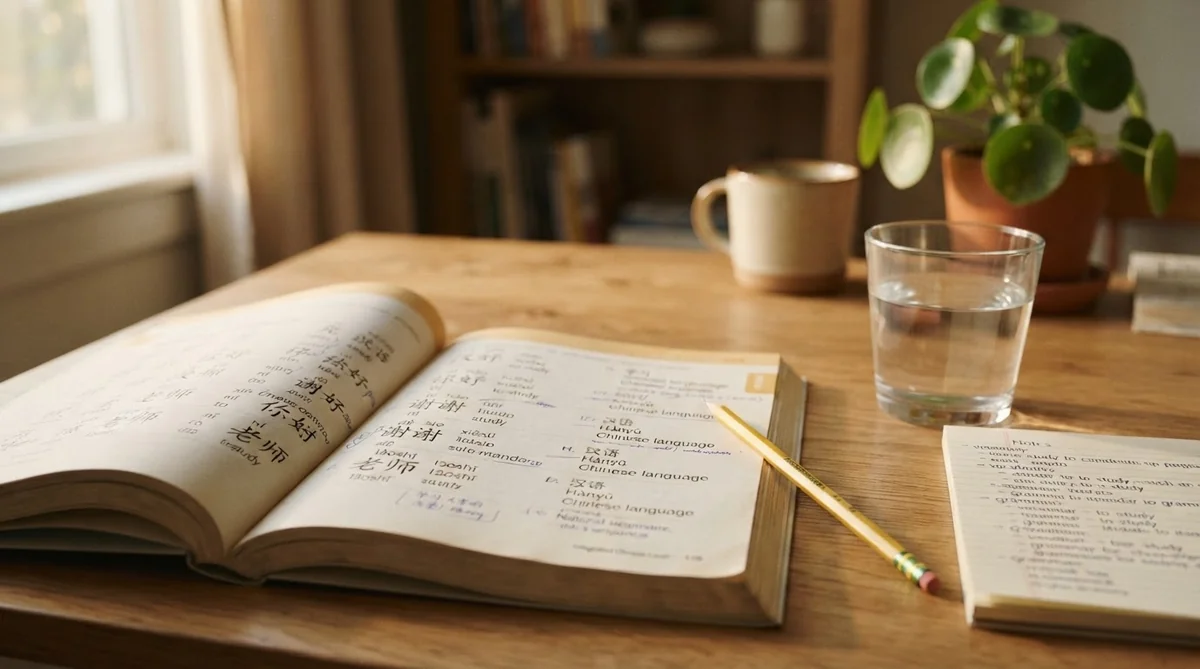 中国語のテキストとノートが置かれた整理された学習机