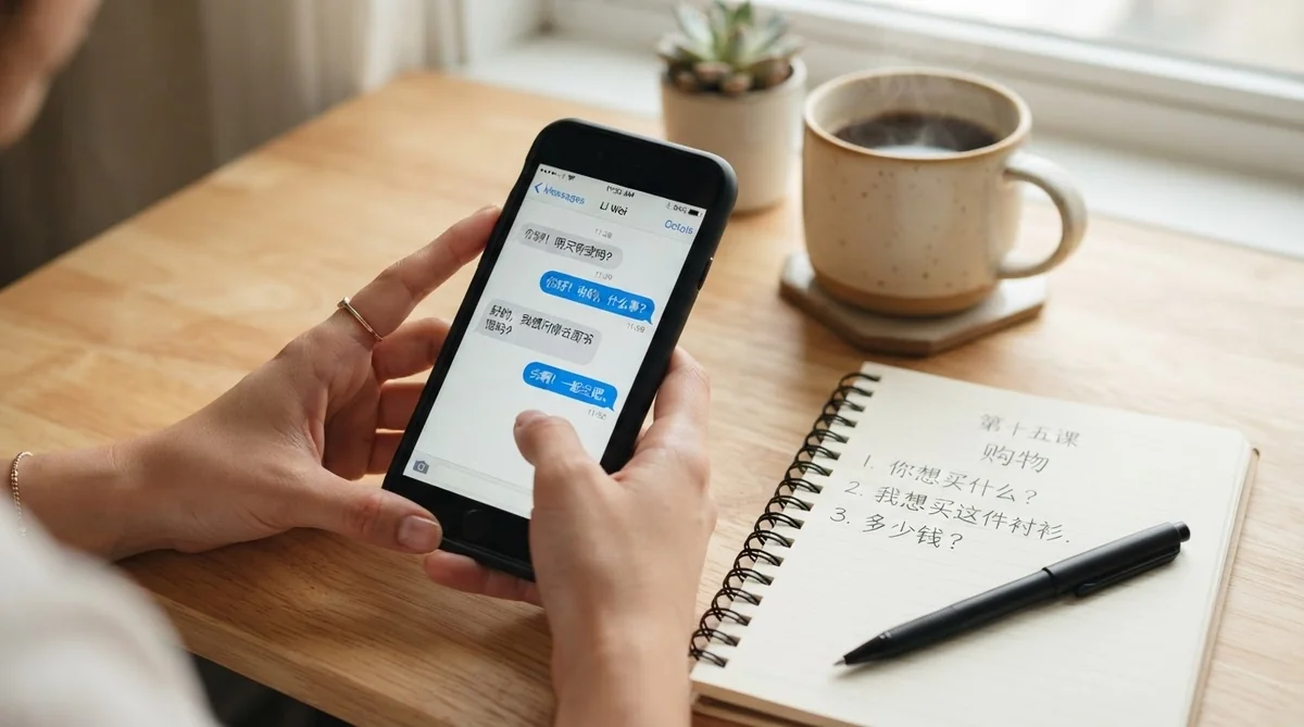 スマートフォンのWeChatアプリ画面と学習ノート