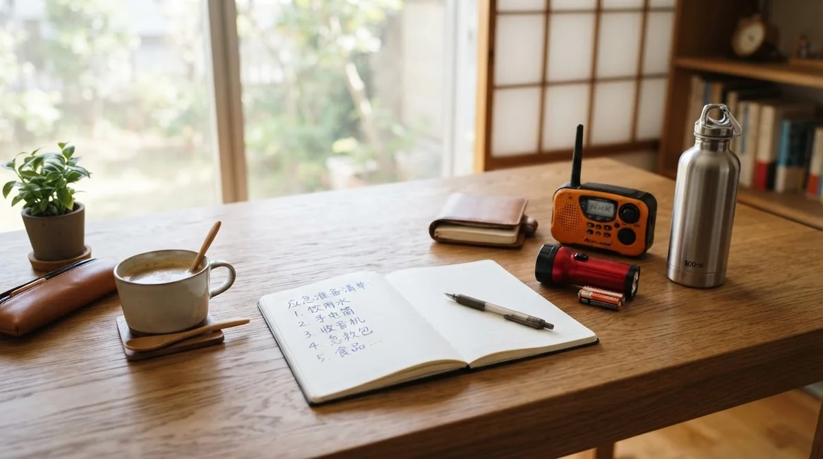 机の上に用意された防災グッズと中国語学習ノート