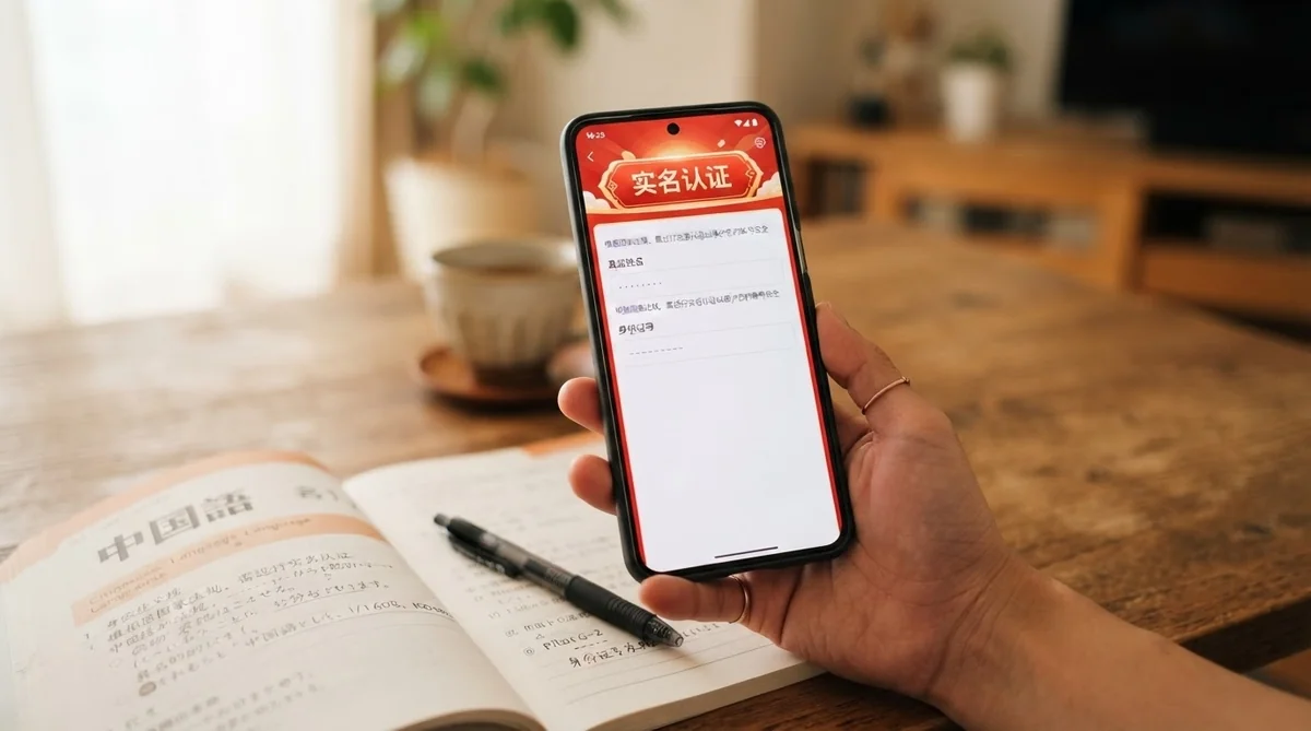 スマートフォンでゲームの実名認証画面を見ている学習者の手