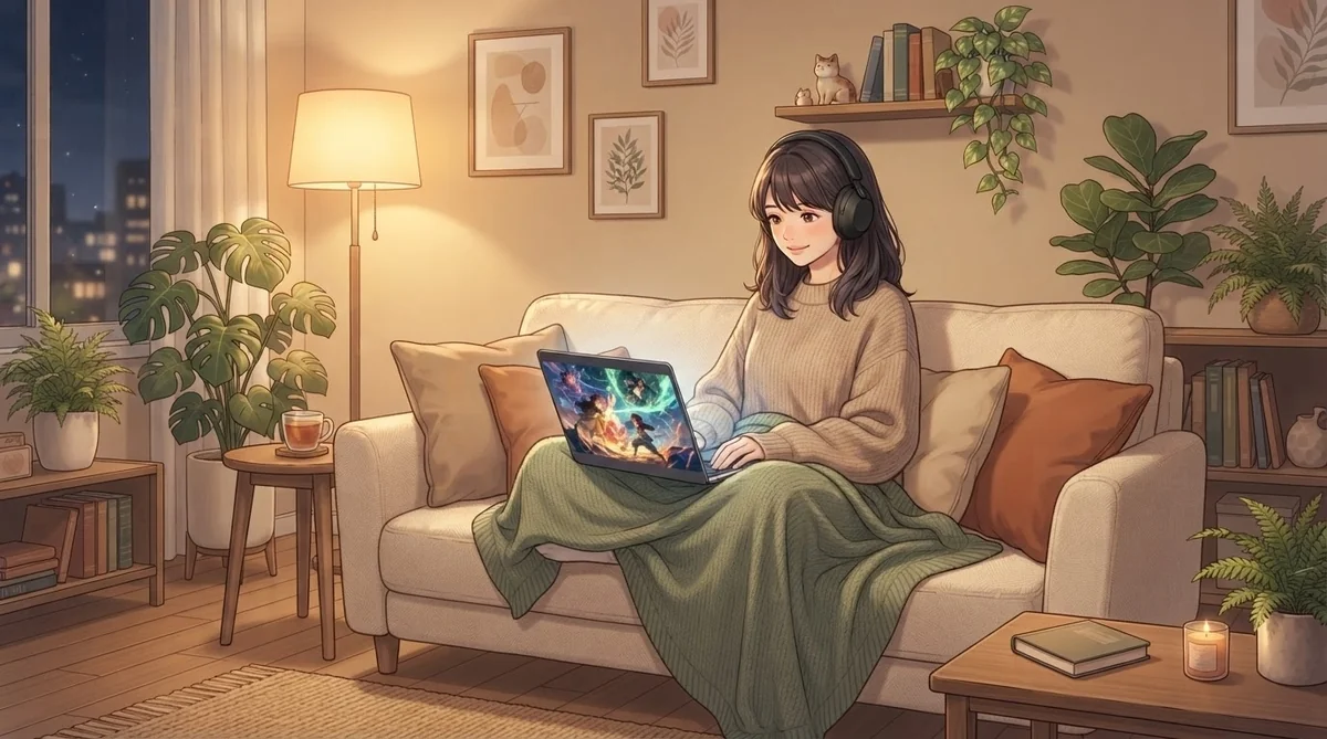 自宅で快適にアニメ作品を鑑賞する様子