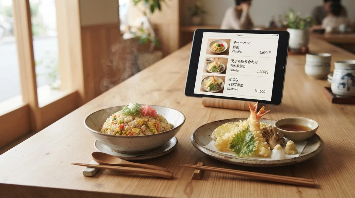 アツアツの日本式炒飯や天ぷら、注文用メニュー