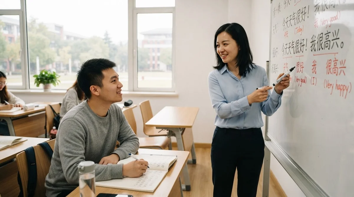 講師と受講生が中国語の会話練習を行っている場面