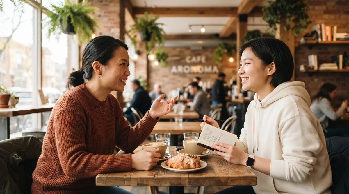 カフェで中国語の会話練習をしている学習者と講師の様子