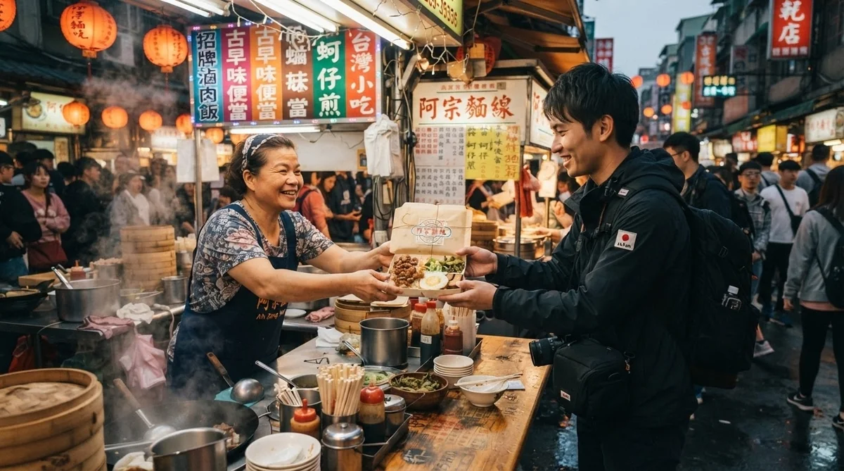 台湾の夜市で笑顔でやり取りをする旅行者と屋台の店員