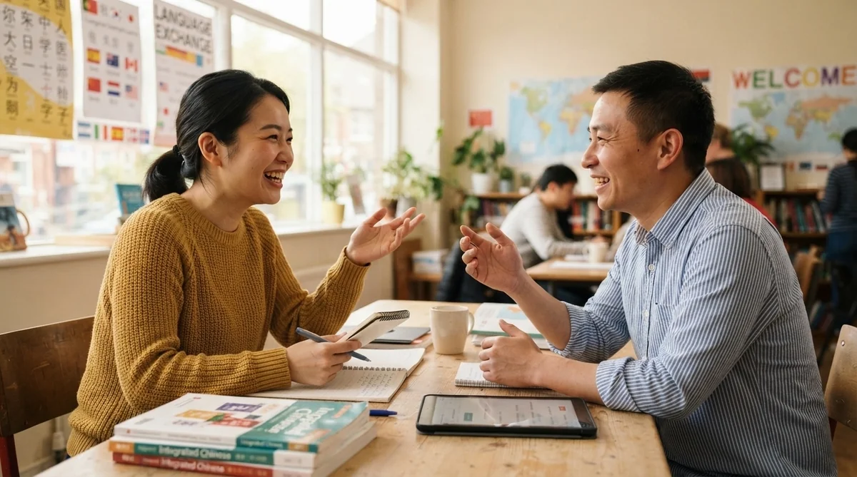 中国人講師と笑顔で対話の練習を行う日本人学習者