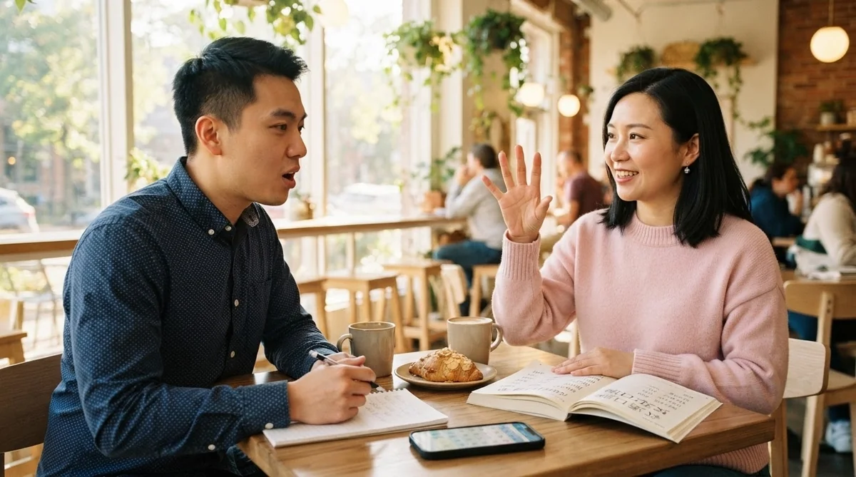 カフェで中国語会話の発音練習をする様子