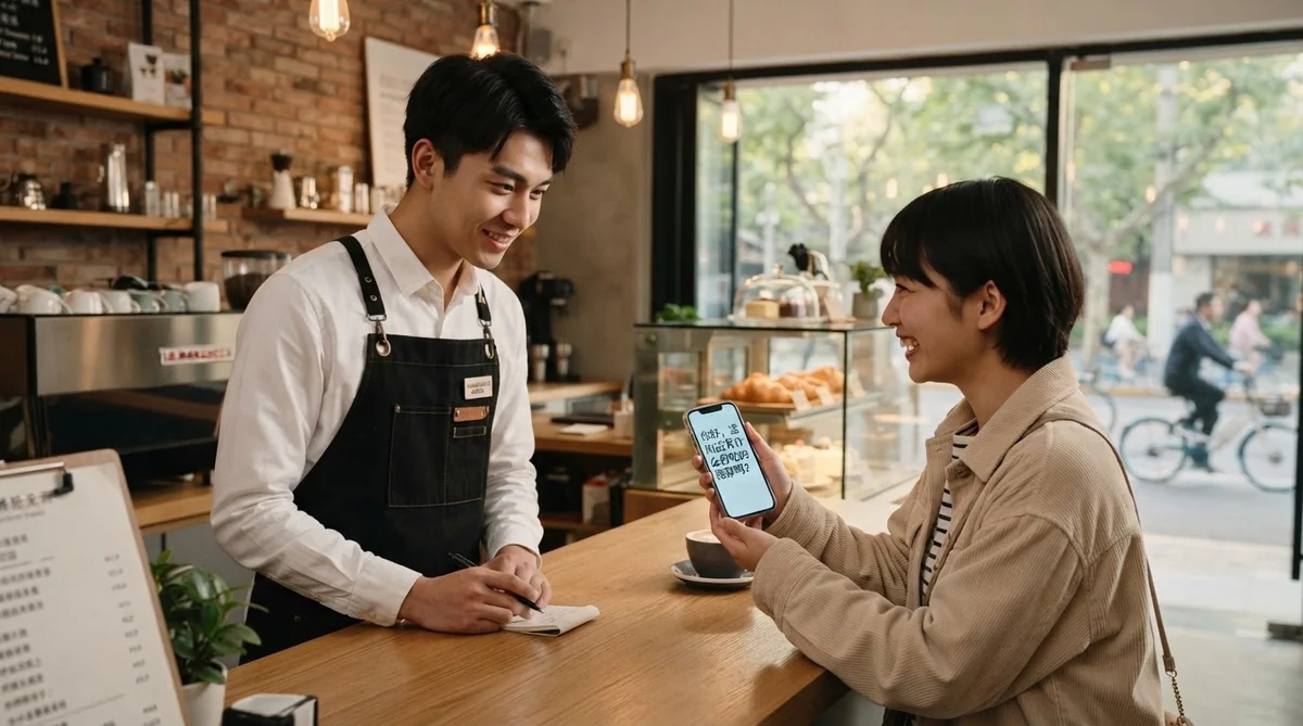 スマートフォンの文字画面を見せながらカフェの店員と意思疎通を図る様子