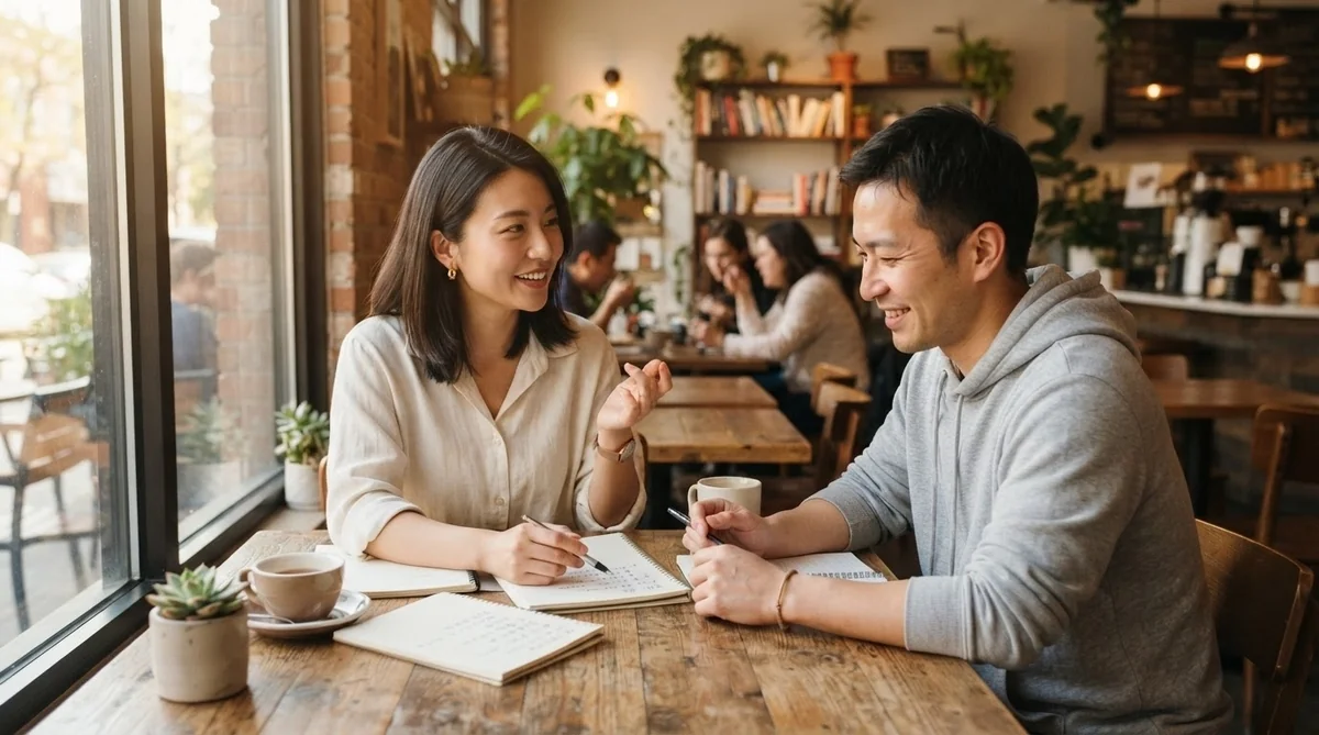 カフェで中国語講師と学習者が開いたテキストを見ながら対話練習を行っている風景