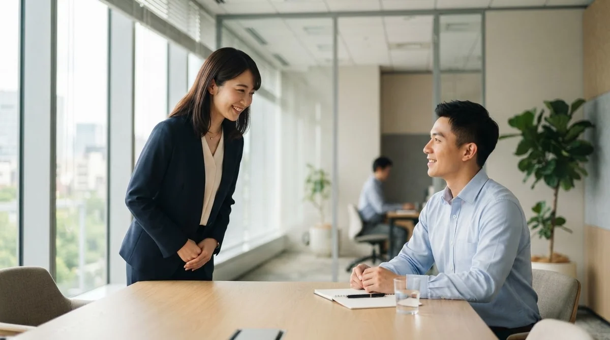 ビジネスシーンで日本人女性が笑顔で自己紹介のジェスチャーをしている様子