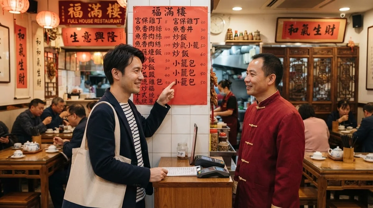 本格中華料理店で店員に質問しながらメニューを指さす会話場面