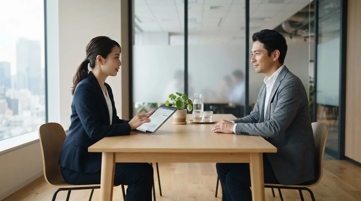 面接時に中国語で給与条件について打ち合わせを行うビジネスパーソン