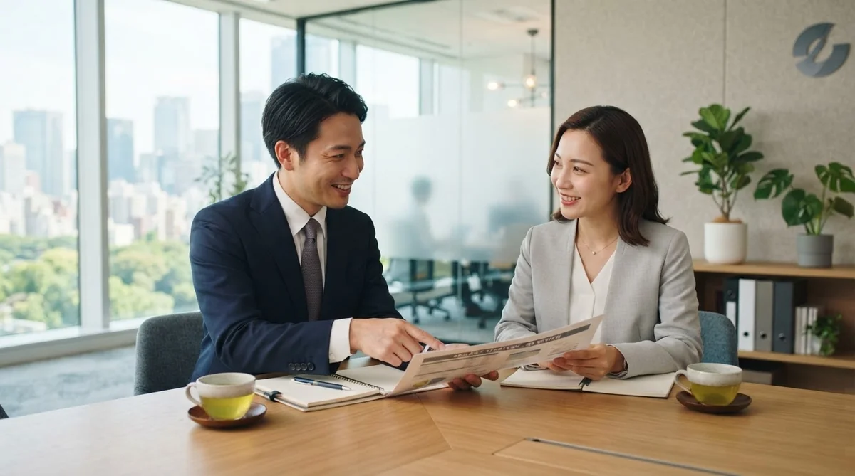 オフィスで出張日程や回数について打ち合わせを行うビジネスパーソン