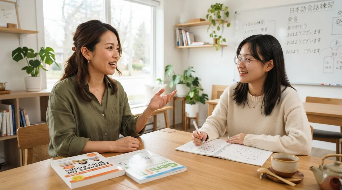 語学教室で対話練習を行う講師と学生