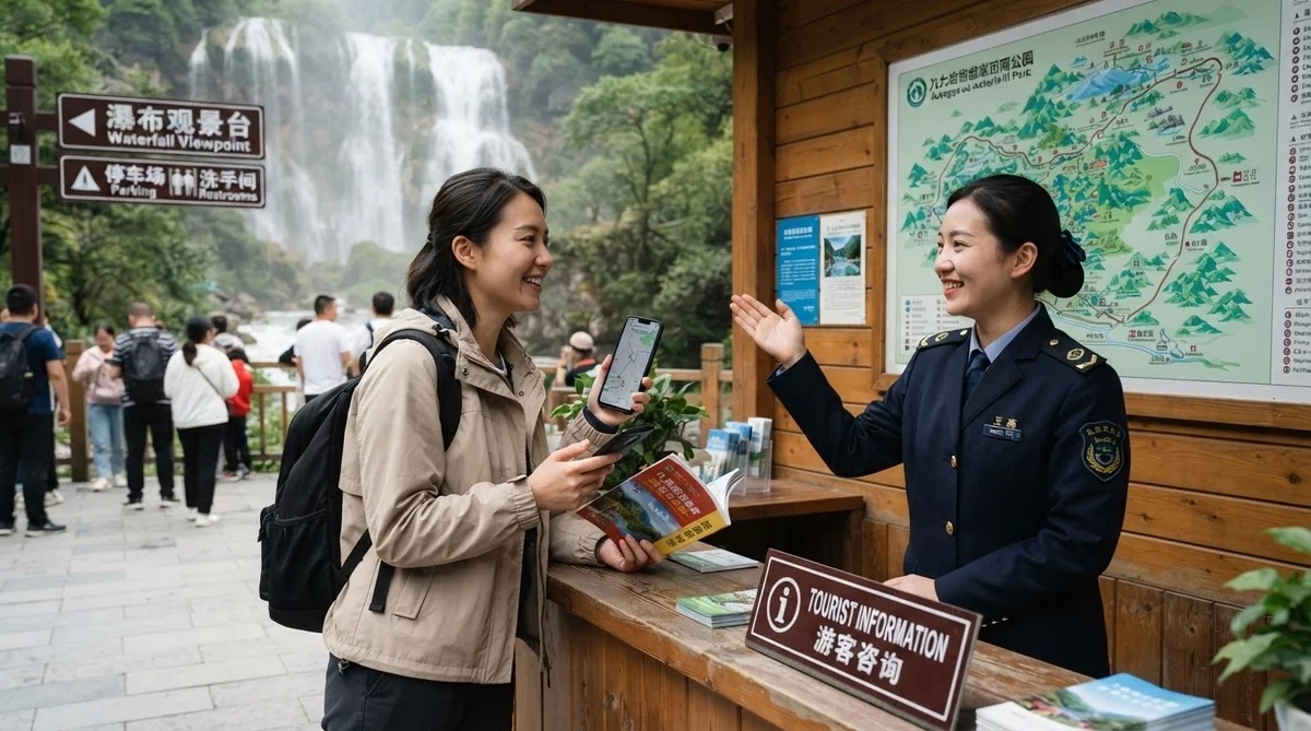 現地の観光案内所でスタッフに尋ねながら旅を楽しむ日本人旅行者