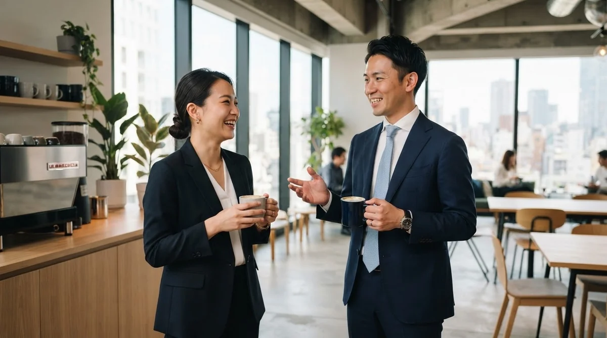 オフィスの休憩室でコーヒーを飲みながらリラックスして話す同僚同士