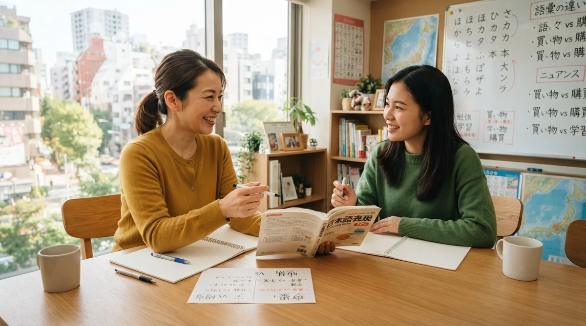 講師と生徒が中国語のフレーズについて話し合っているレッスン風景
