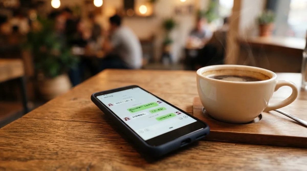 チャットアプリが表示されたスマートフォンとコーヒー