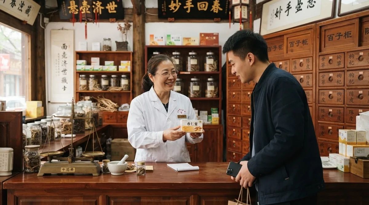 中国のドラッグストアで薬剤師が親切にのど飴について説明している対話風景