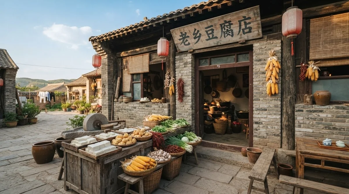 伝統的な中国の農村風景と手作り豆腐が並ぶ店頭の背景