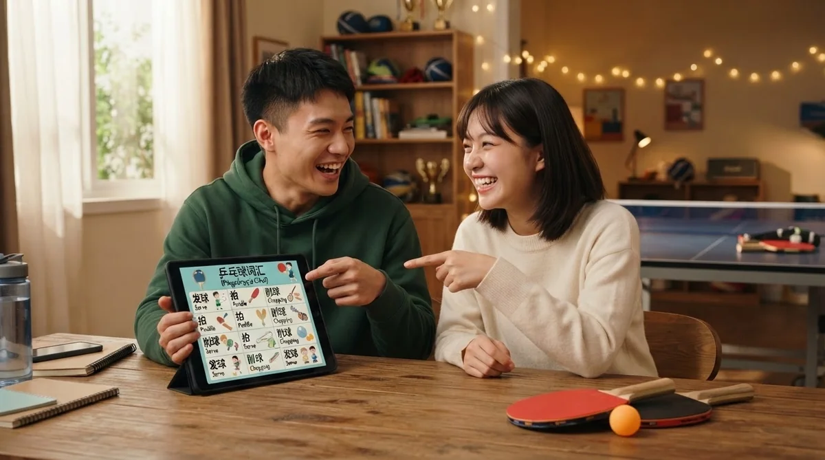 タブレットで中国語の単語表を見ながら笑顔で会話する学習者たち