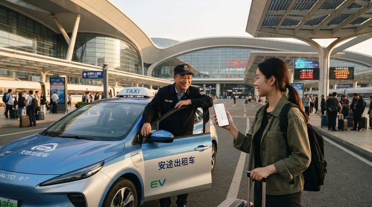 タクシーの運転手へスマートフォンの住所画面を見せて確認する様子